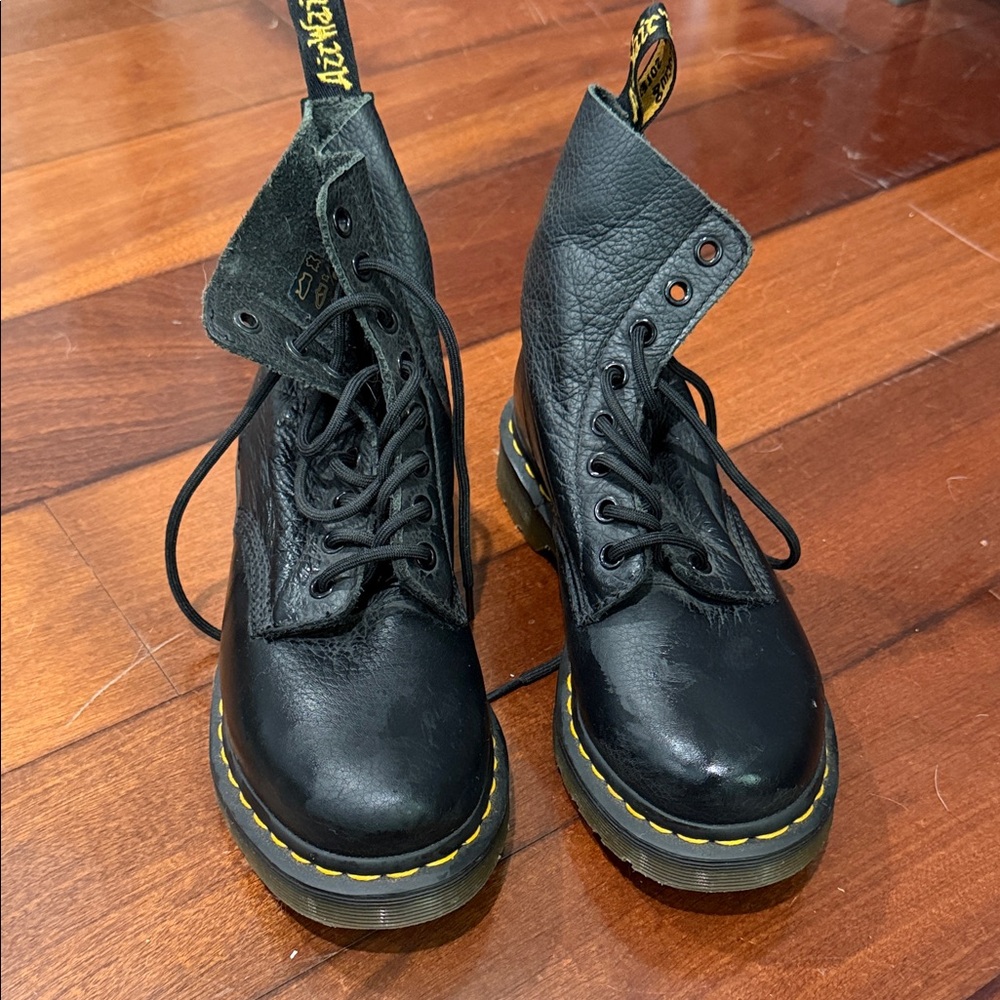Dr. Martens Black Lace-Up Leather Boots with Yellow Stitching